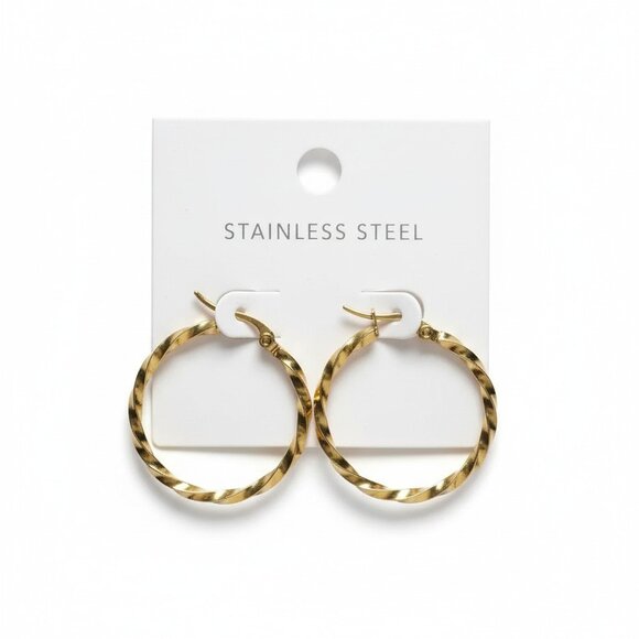 Boutique Jewelry - Gold Stainless Steel Braided Hoop Earrings - 1"